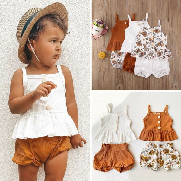 

cute toddler kid girls sleeveless chiffon yellow floral tutu skirts 2pcs clothes set outfit suit set summer infant clothing, White