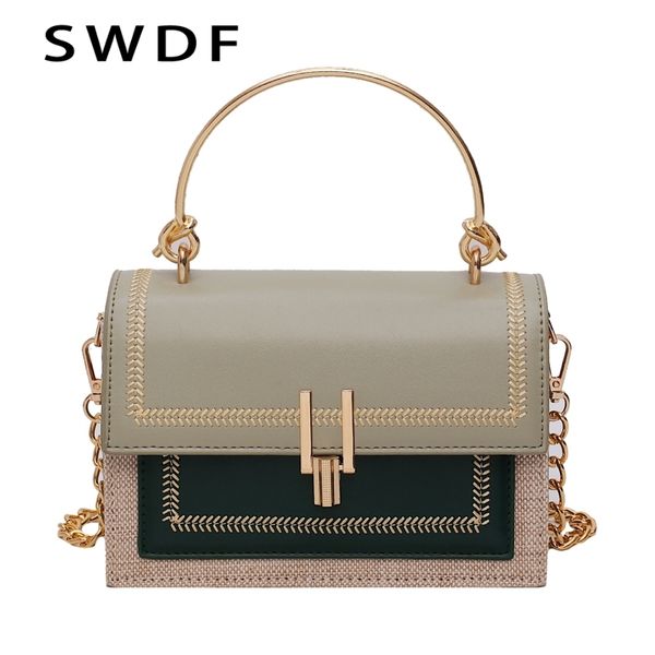 

swdf contrast color pu leather crossbody bags for women 2020 chain messenger shoulder bag with metal handle lady tote handbags