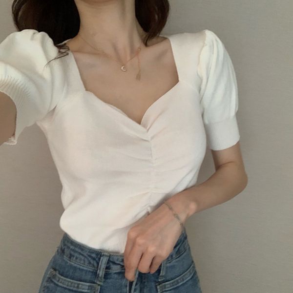 

with enjun 8144 * bubble sleeve slim bottoming v-neck sweater shirt short sleeve shirt women's sweater 2020, White
