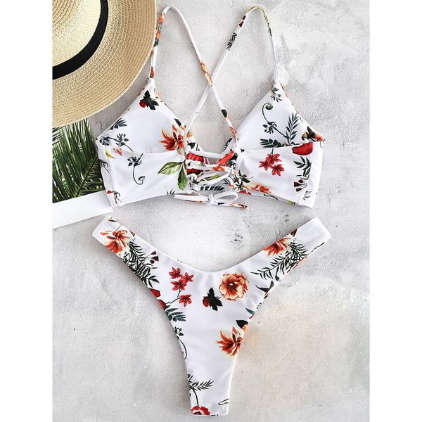 

2020 women bikini set lace up floral print bandage swimsuit high waist thong brazilian biquini summer beach wear, White;black