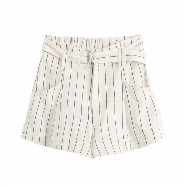 

women summer casual striped shorts with belt 2020 fashion new high waist loose short pants chic female streetwear shorts femme, White;black