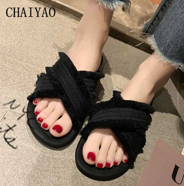 

fringe women's slippers 2020 summe selling fashion open toe soft sole female sandals casual flock flatform beach women shoes, Black