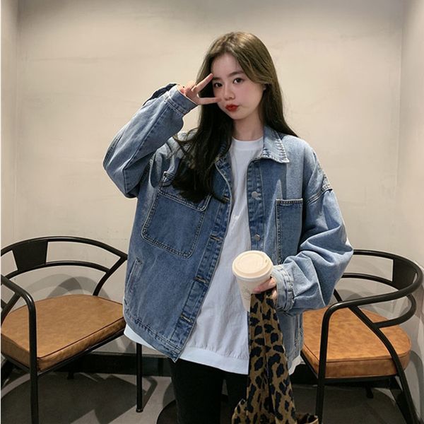 

denim jacket women loose style korean retro plus size jeans coat 2020 spring autumn new version casual jacket abrigo de mujer, Black;brown