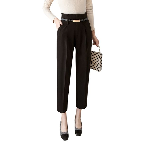 

women's pants & capris belted ruffle high waist suit women 2021 spring summer office lady workwear trousers elegant solid casual female, Black;white