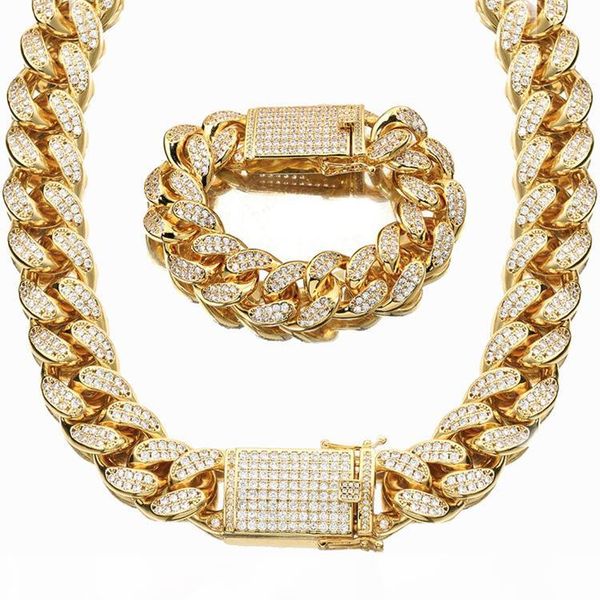 

20mm heavy cubic zirconia miami cuban chain bracelet set gold silver men women hip hop jewelry