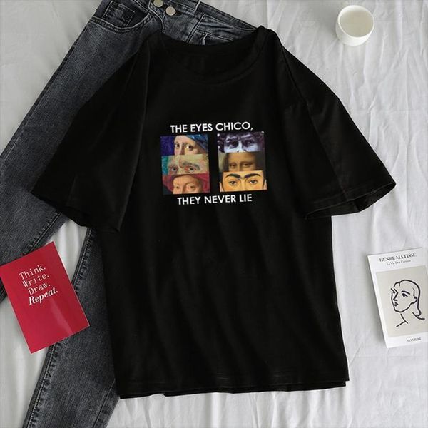 

polyester van gogh summer new female short sleeve cartoon letters spoof ins funny art print tees harajuku ulzzang loose t shirt, White