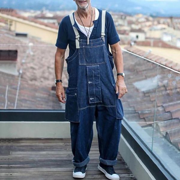 

heflashor 2020 men jeans jumpsuits casual summer men's blue solid pocket button loose straight full length straps jeans overalls