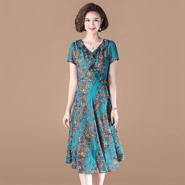 

middle aged women's short-sleeve 2020 new 50 years old 60 young mother summer foreign flavor skirt dress dress length, Black;gray
