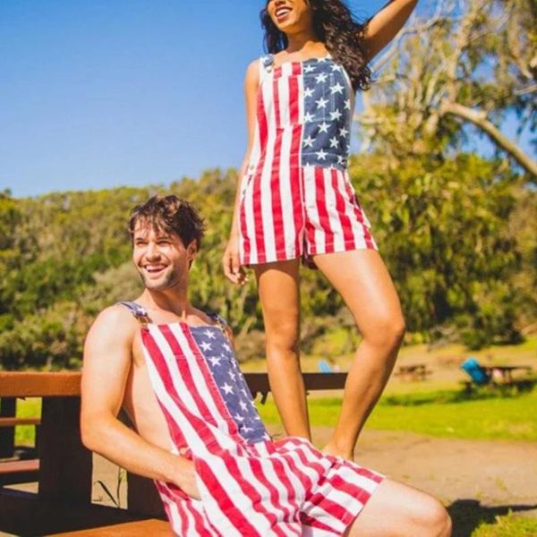 

muyogrt women men denim jumpsuit jeans shorts american flag print casual couple overalls shorts rompers short pants streetwear, Black;white