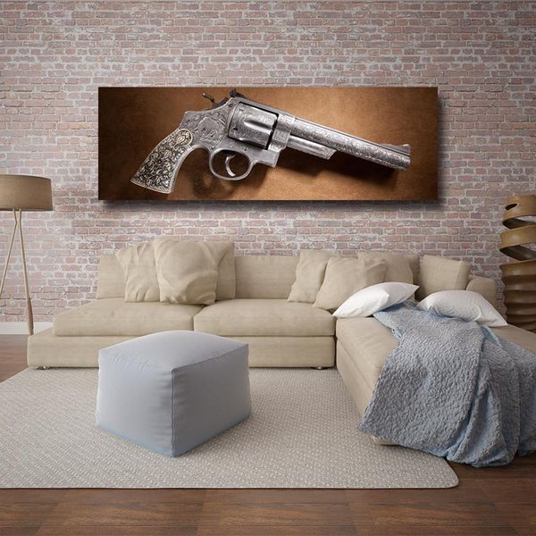 

Revolver Weapon Gun Pocket Watch Canvas Pictures Gun Pistol Painting Wall Art for Living Room Home Decor (No Frame)