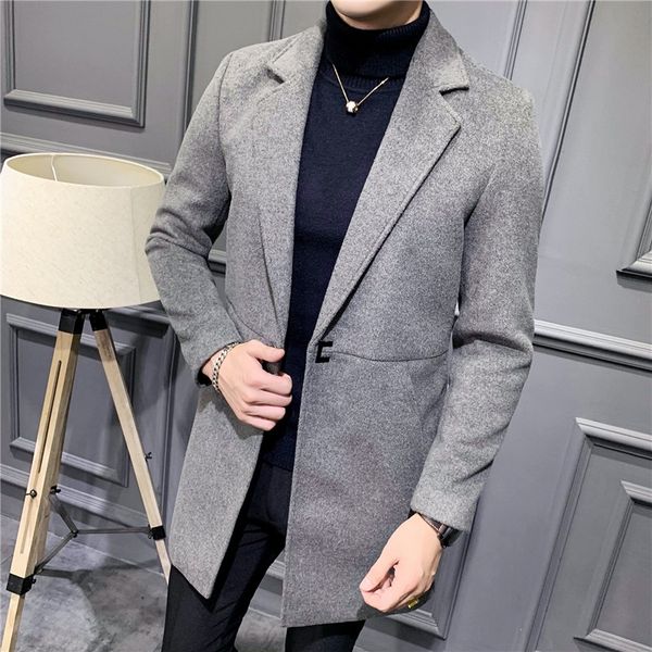 

woolen men's 2019 coat wool coatnew fashion handsome men's korean slim fit all-match casual mid-length coat, Black