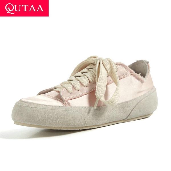 

qutaa 2021 women sneakers casual round toe cow leather silk ladies pumps lace up wedges comfort women single shoes size 34-40, Black