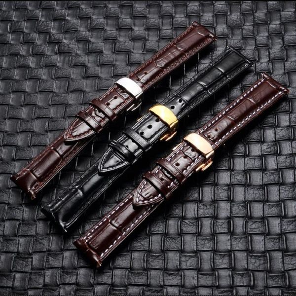 

watch bands genuine leather band calf grain strap stainless metal deployment clasp 14mm 18mm 20mm 22mm for men women, Black;brown