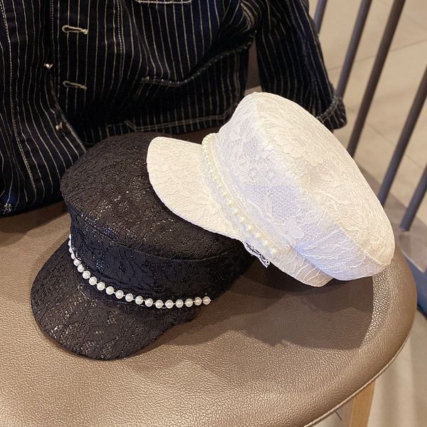 

small fragrance elegant lace white female hollow pearl duck tongue beret beret lace hat summer flat navy hat tide, Blue;gray