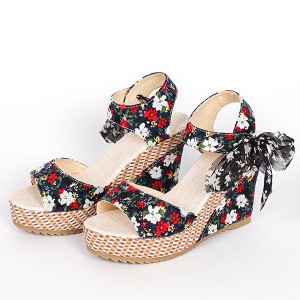 

women summer wedge sandals female floral bowknot platform high heel fashion bohemian ankle strap open toe ladies female shoes, Black