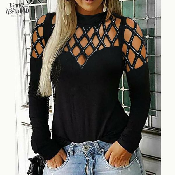 

women new cap sleeve autumn slim long sleeve t shirts fashion hollow out tees lady female black casual tshirt clothes, White