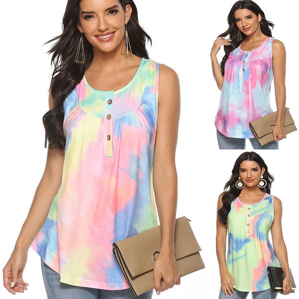 

womens tie dye print scoop neck button fashion tank casual summer loose sleeveless cami blouse shirts, White