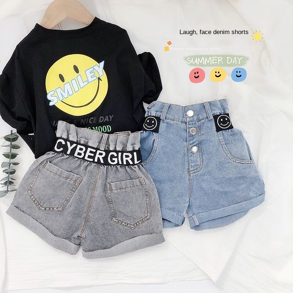 

5vk68 2020 новый корейский стиль детская улыбающееся лицо джинсовые шорты для девочек модно высокой талией и шорты и джинсы прицветник джинс, Blue