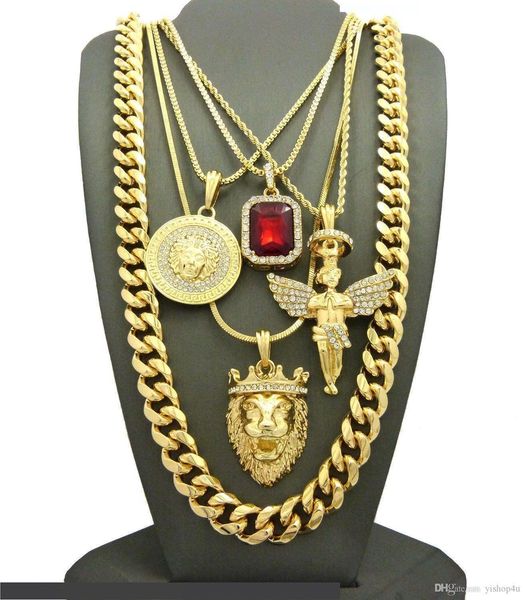 

iced out hip hop red ruby, angel, lion, 12mm 30inch cuban chain 5pcs necklace set singer rapper bling accessories, Silver