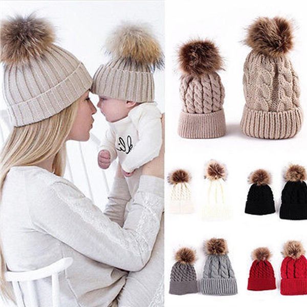 

mom kids baby girls boys hat parent-child woolen hat knitted solid color fur autumn winter warm beanie caps sale, Slivery;white