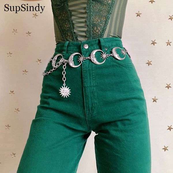 

supsindy fashion harajuku punk moon sun metal belt women vintage high waist chain waist belts gothic sliver pendant belts female, Black;brown