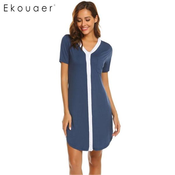 

women's sleepwear ekouaer casual night dress women v-neck short sleeve nightgowns button front contrast color chemise nightdress female, Black;red