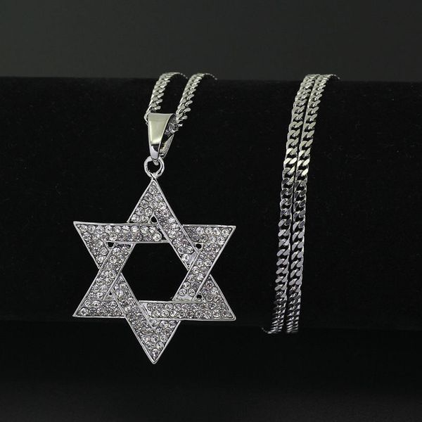 

crystal star hexagram magen david iced out pendant necklace cuban chain neckless hip hop bling bling jewler, Silver