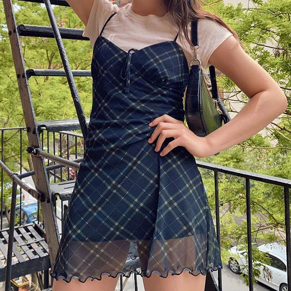 

new blue plaid mesh v-neck suspender skirt, Black;gray