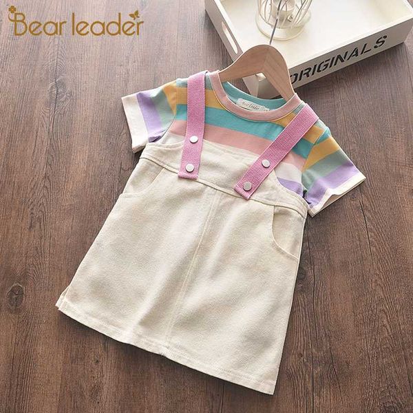 

bear leader kids clothing sets new girls colorful striped summer suits toddler girl clothes fashion rainbow suspender outfits, White
