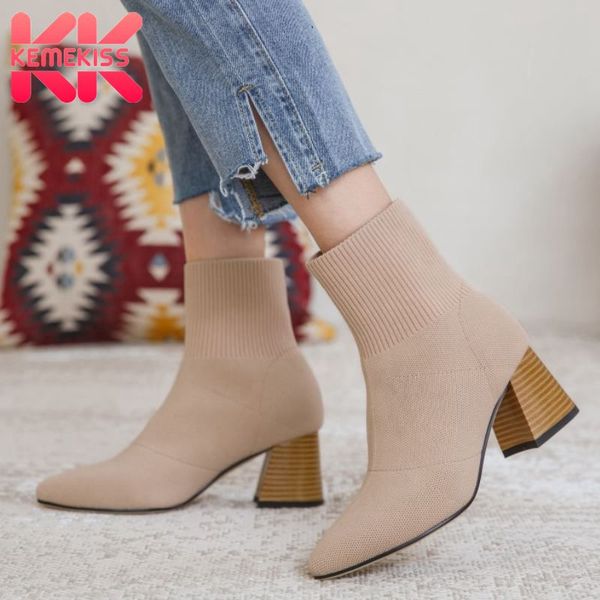 

kemekiss women ankle boots for women pointed toe thick heel sock boots thick heel autumn shoes ladies footwear size 34-39, Black