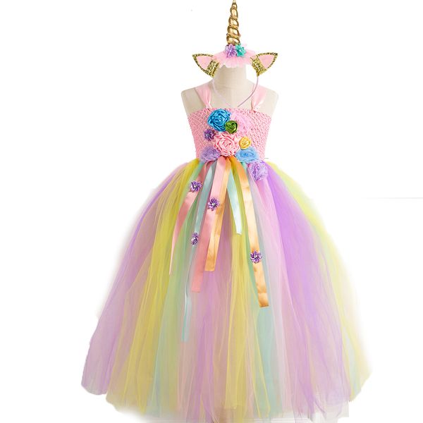 

baby girls handmade unicorn flower tutu party dress crochet tulle strap dresses ball gown ribbons children dress with headbands t200709, Red;yellow