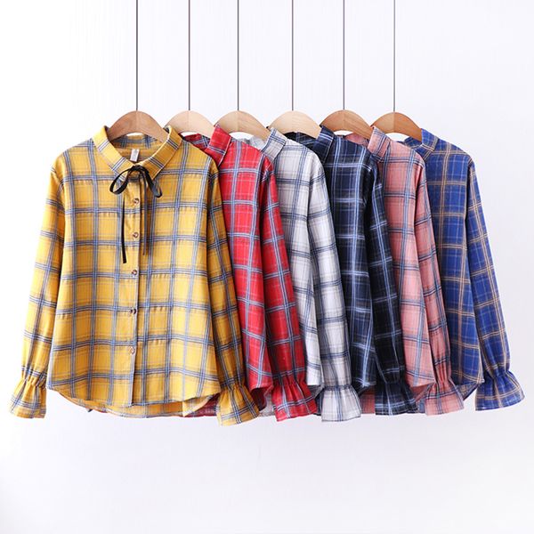 

checkered 2020 autumn womens clothing shirts women blouse fashion plaid shirt office school long sleeve cotton female bluse, White