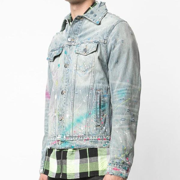 

19fw am1r1 washed denim jackets colorful ink-splashing paint casual button coats men women lapel neck outerwear street fashion hfhljk017, Black;brown