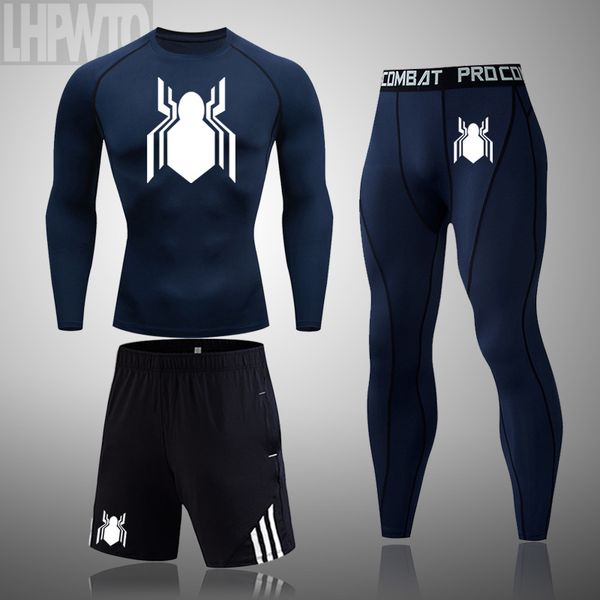 

3pcs/set men's tracksuit sports suit gym fitness training compression clothes running jogging sport exercise tights, Black;blue