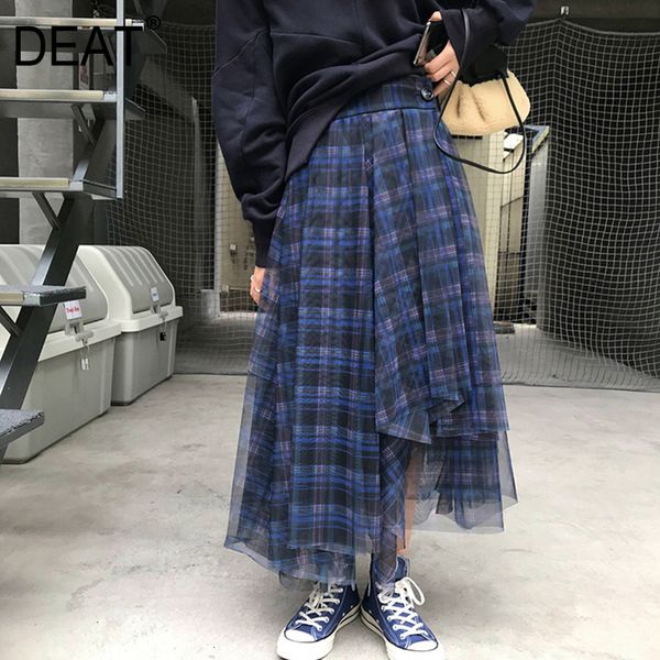 

deat] high elastic waist plaid mesh spliced irregular hit color half-body skirt women fashion new spring autumn 2020 13e8, Black
