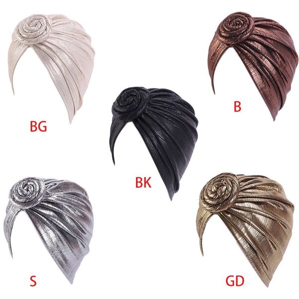 

women muslim knot flower turban cap shiny metallic pleated pre-tied bonnet headwrap chemo hat ethnic stretchy hair loss cover, Blue;gray