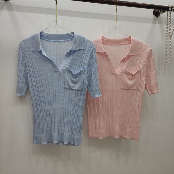 

710 2020 brand same style regular lapel neck short sleeve kint sweater sweater blue pink qian, White