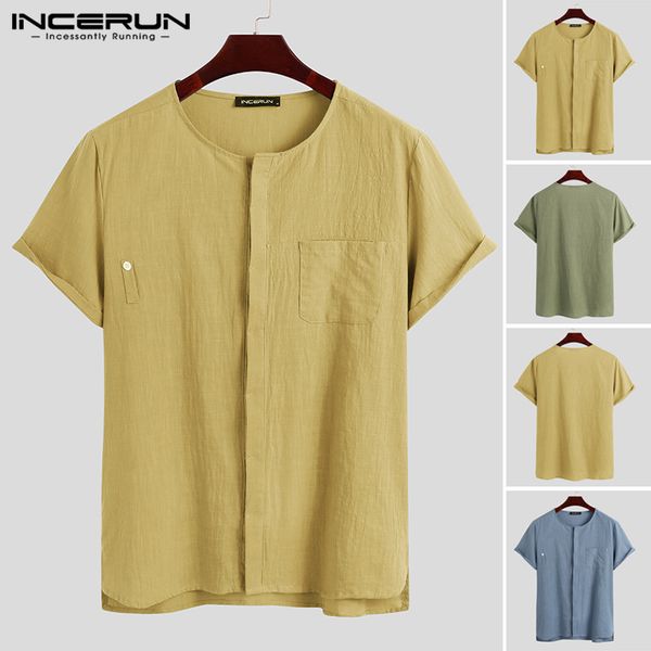 

incerun short sleeve shirt men solid 2020 cotton o neck button casual brand blouse streetwear vintage harajuku camisa masculina, White;black