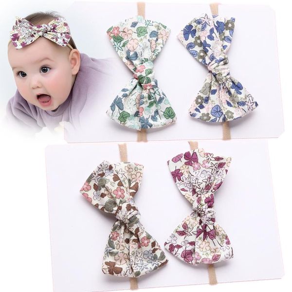 

hair accessories 4pcs baby headbands bow elastic bands cotton bows turban print floral tie handmade, Slivery;white