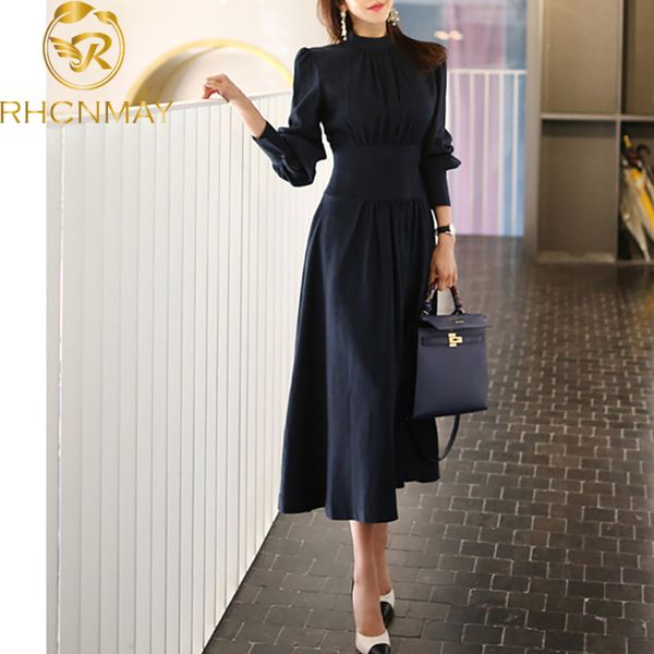 

2020 spring solid a-line dress women plus size navy blue full puff sleeve stand neck office dress elegant work dresses, Black;gray