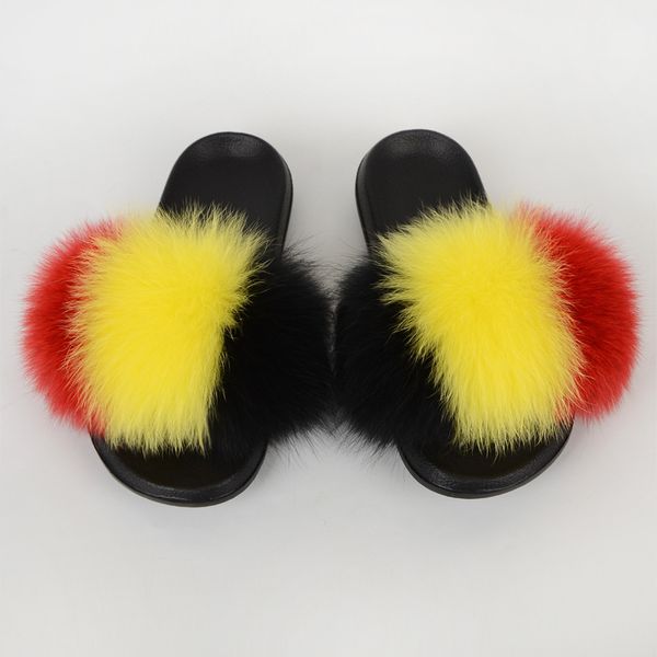 

summer new real fur slippers women's sandals cute color matching plush slippers flip flops fashion large sandals fur slipper, Black