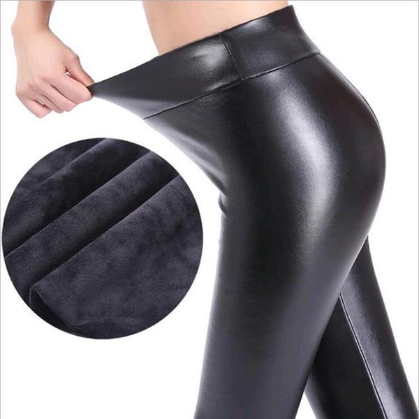 

new plus size leather leggings high waist stretch slim black legging fashion high pu leather thick velvet pants warm leggings