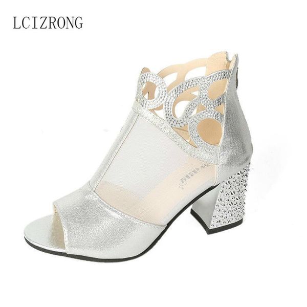 

lcizrong fashion mesh gladiator sandals women rhinestone transparent summer sandals ladies block heel shoes peep toe sandalias, Black