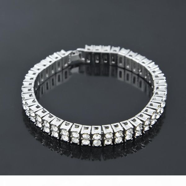 

u hip hop men silver gold plated iced out 2 row rhinestones bracelet chain clear simulated diamond bracelet men women, Golden;silver