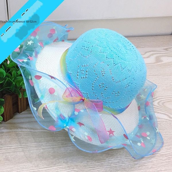 

korean straw knitted new children's baby straw sunscreen sun beach casual hat three-color flower knitted hat, Blue;gray