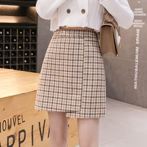 

s 2xl korean plaid woolen irregular skirt women 2020 polyester autumn and winter women plus size skirts ladies mini skirt jupe femme, Black