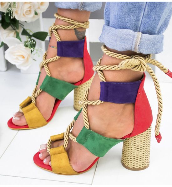 

women pumps fashion women heels lace up high heels sandals for summer shoes women gladiator sandals thick heels, Black