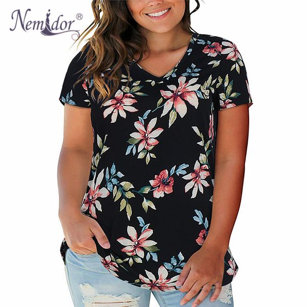 

nemidor women casual short sleeve v-neck print t-shirt vintage plus size loose summer, White