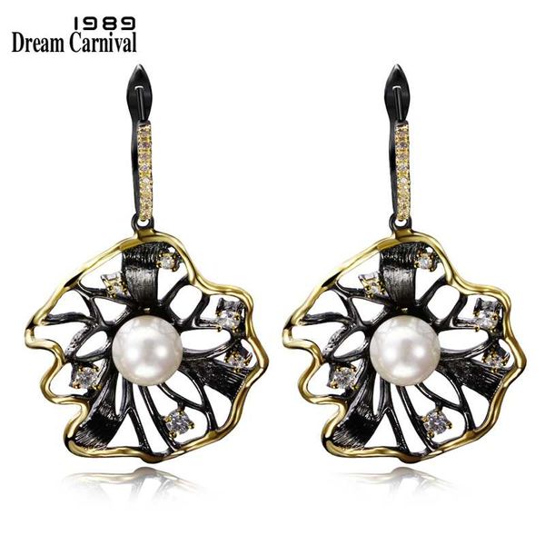 

dreamcarnival 1989 lotus flower earrings hollow created pearl cz black gold color hip hop pendientes tipo gota parties jewelries, Silver