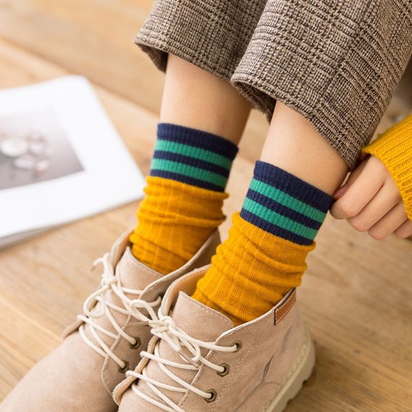 

women's medium cotton parallel bars ins tide korean street stockings parallel bars stacked socks women's long cotton socks, Pink;yellow